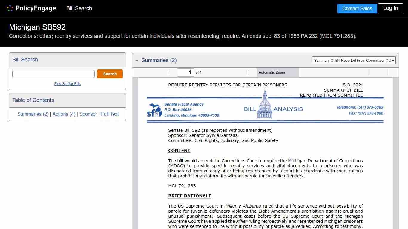 SB592 Michigan 2025-2026 Corrections: other; reentry services and support for certain individuals after resentencing; require. Amends sec. 83 of 1953 PA 232 (MCL 791.283). - Legislative Tracking PolicyEngage