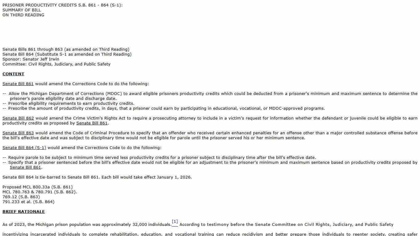 SB0861: SUMMARY OF BILL ON THIRD READING (Date Completed: 12-9-24) - PRISONER PRODUCTIVITY CREDITS